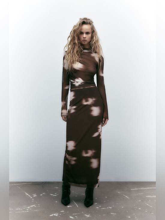 Zara Dresses & Skirts - ZARA Set Brown Midi Skirt & Long Sleeve Sheer Top Size Medium